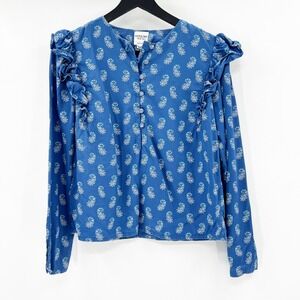 People Tree V&A Blue Floral Paisley Ruffle Shoulder Tencel Blouse US 6